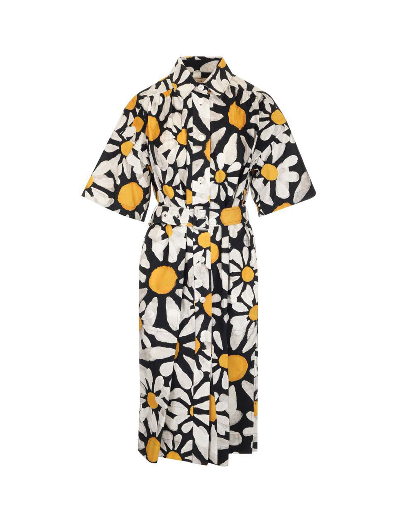 Marni Black Daisy Print Belted Shirt Dress