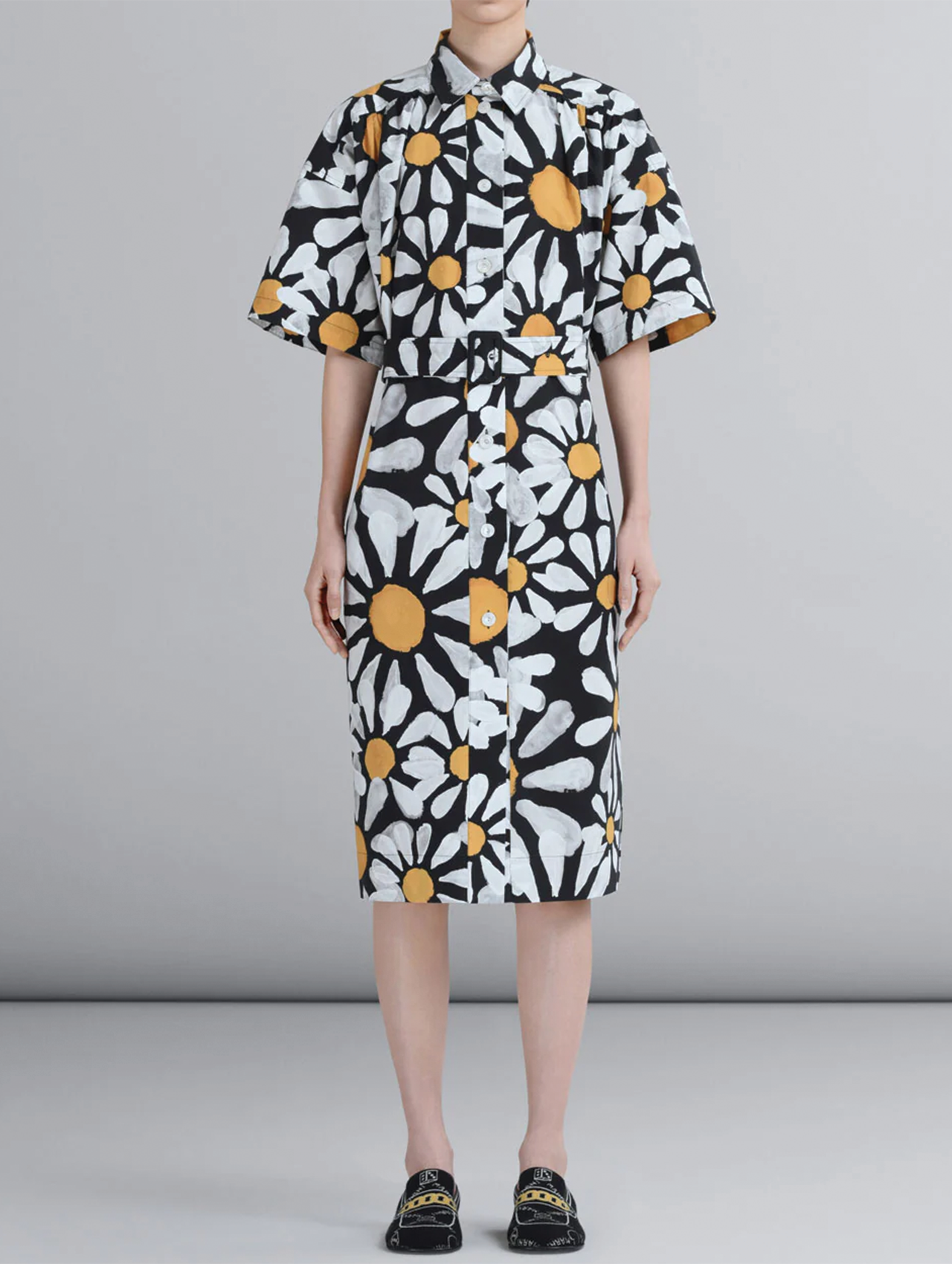 Marni Black Daisy Print Belted Shirt Dress