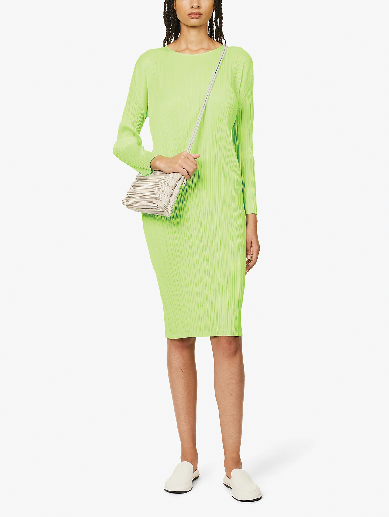 Pleats Please Issey Miyake Neon Green Long Sleeve Dress