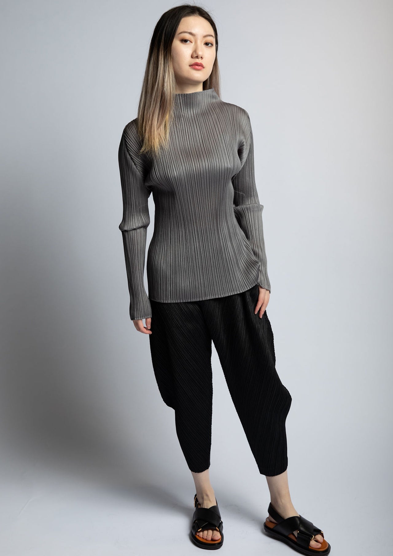 Pleats Please Issey Miyake Grey Basics Long Sleeve Top