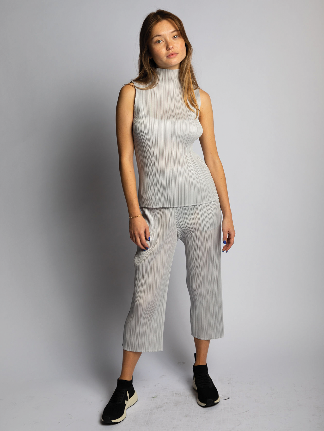 Pleats Please Issey Miyake Light Grey Cropped Basic Pants