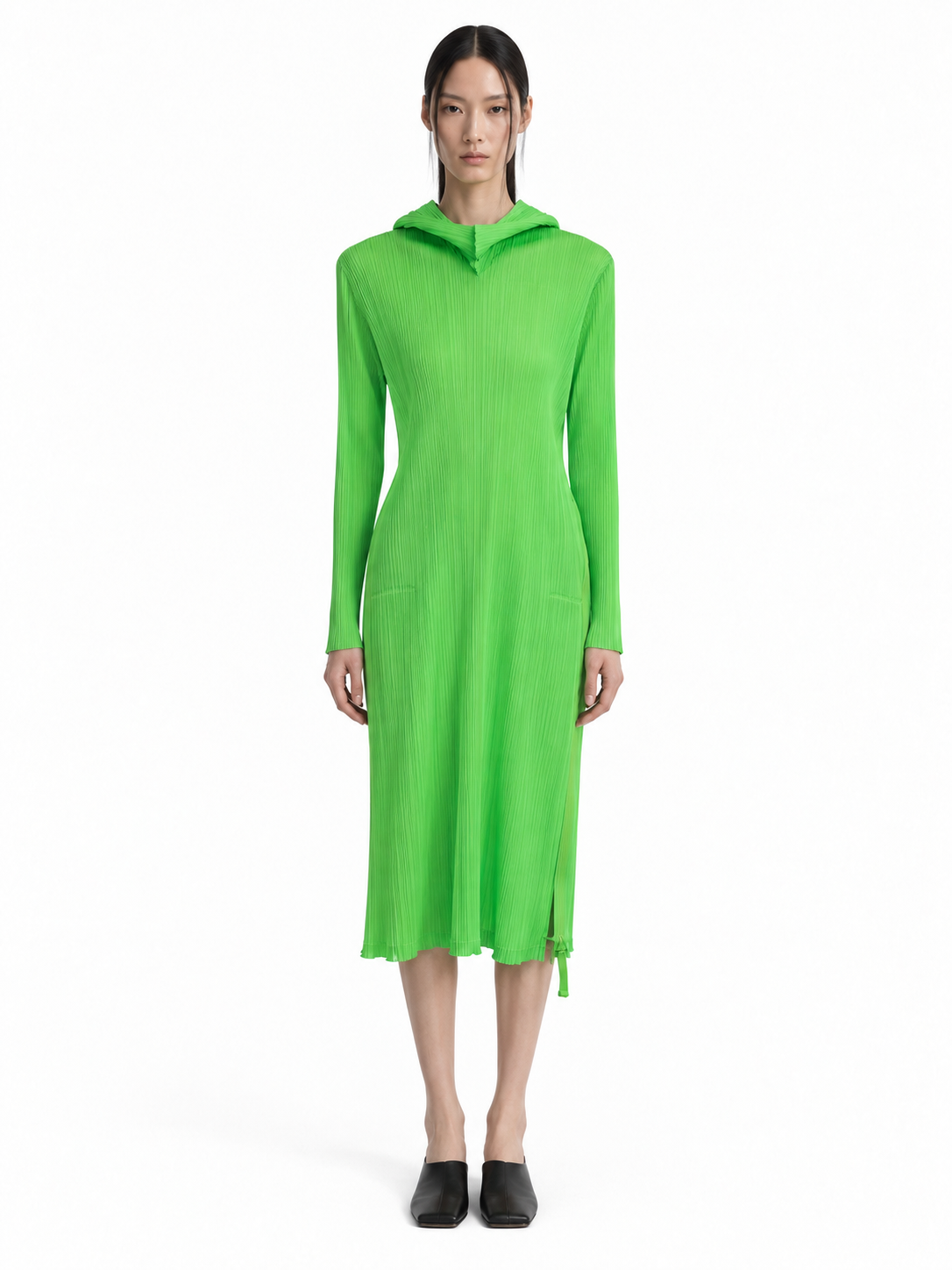 Pleats Please Issey Miyake Neon Green Long Sleeve Dress