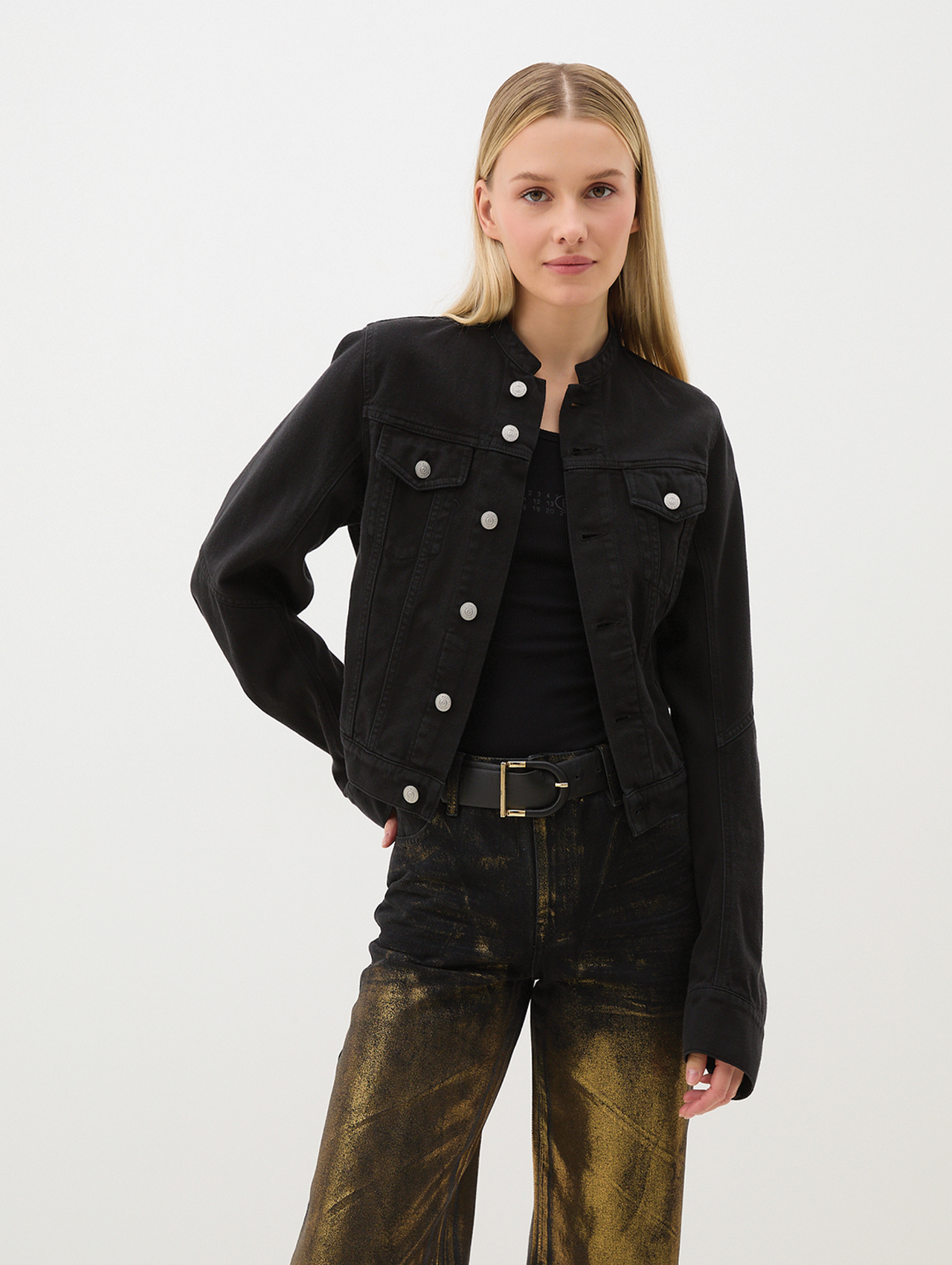 MM6 Black Collarless Denim Jacket