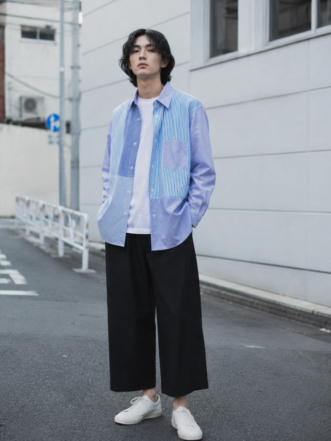 CDG Homme Deux Blue Diagonal Patchwork Shirt