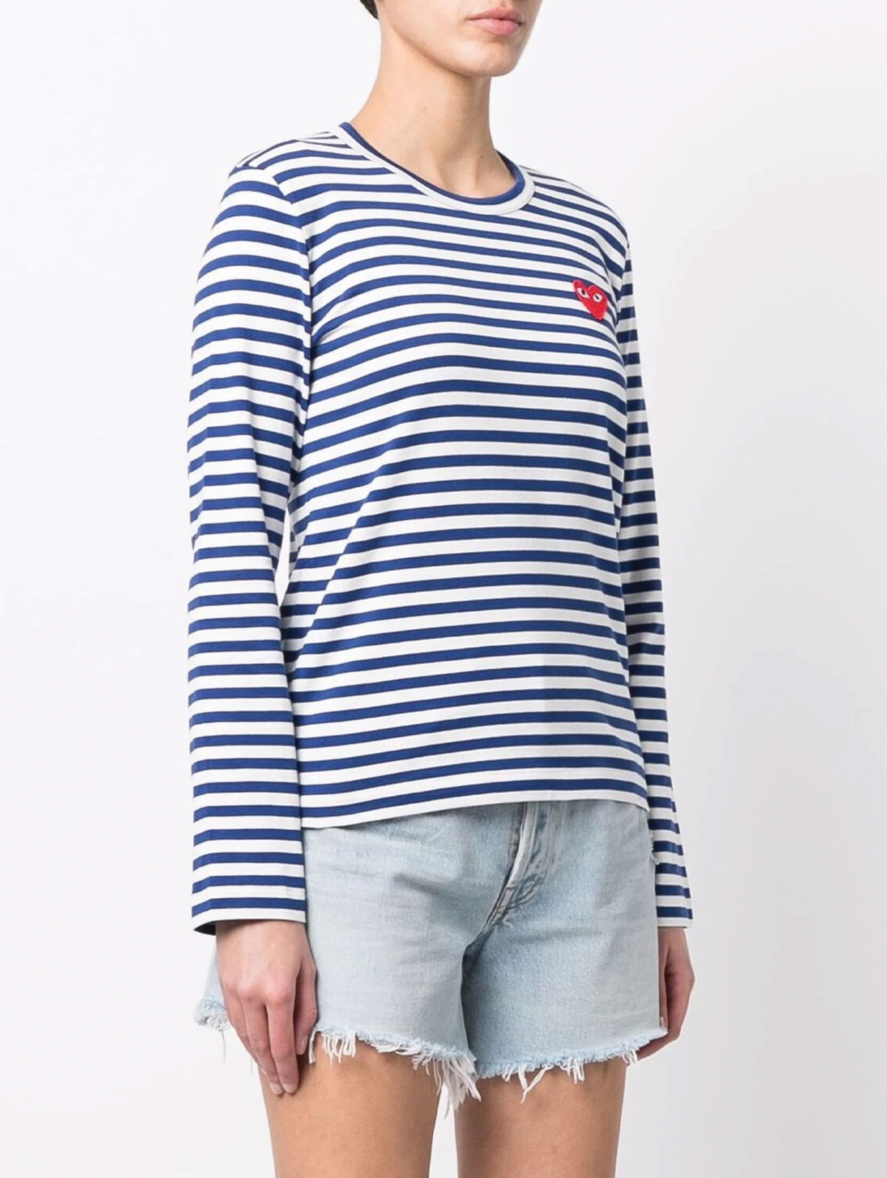 CDG PLAY Navy Stripe Logo Patch Long Sleeve Shirt