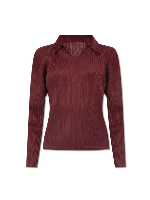 Pleats Please Issey Miyake Burgundy Spread Collar Top