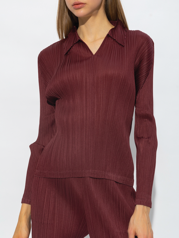 Pleats Please Issey Miyake Burgundy Spread Collar Top