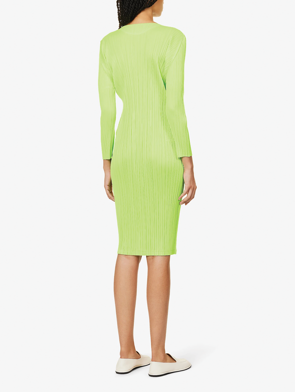 Pleats Please Issey Miyake Neon Green Long Sleeve Dress