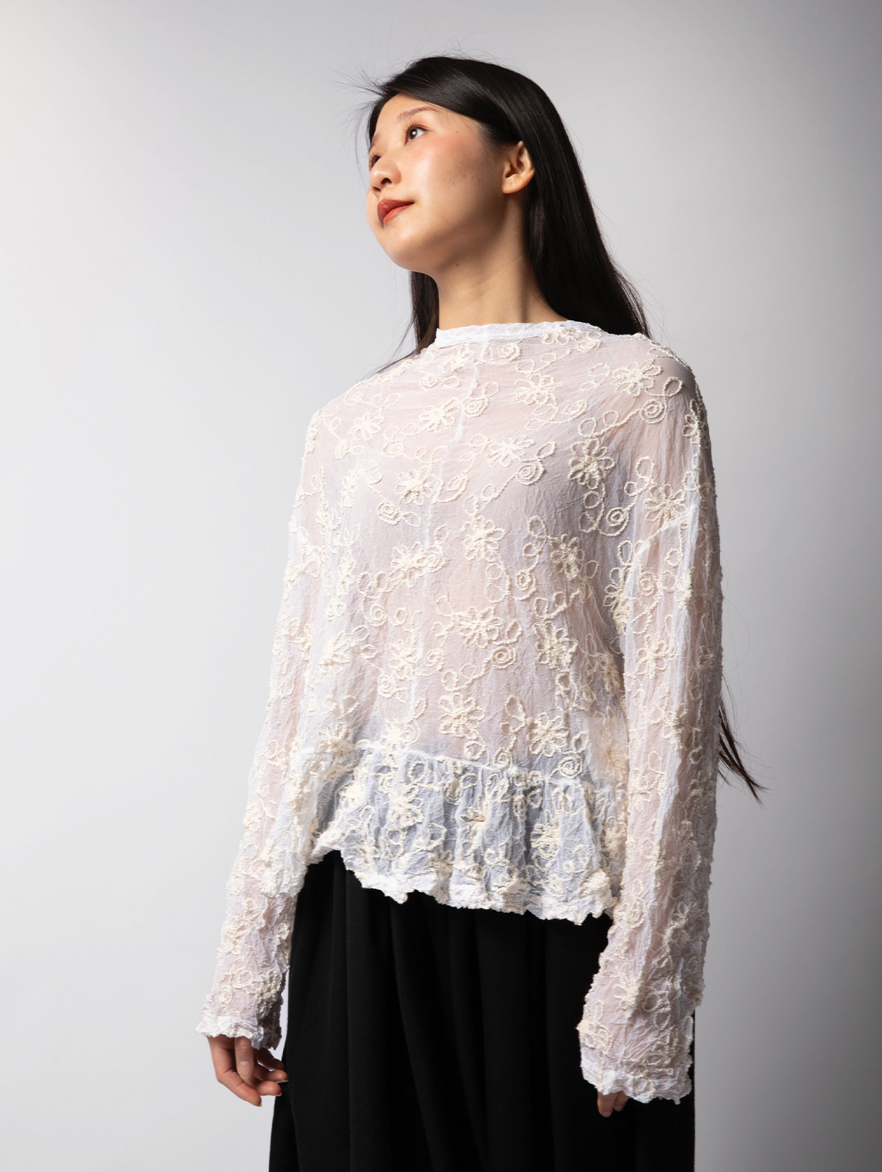 CDG CDG White Sheer Embroidered Longsleeve Blouse