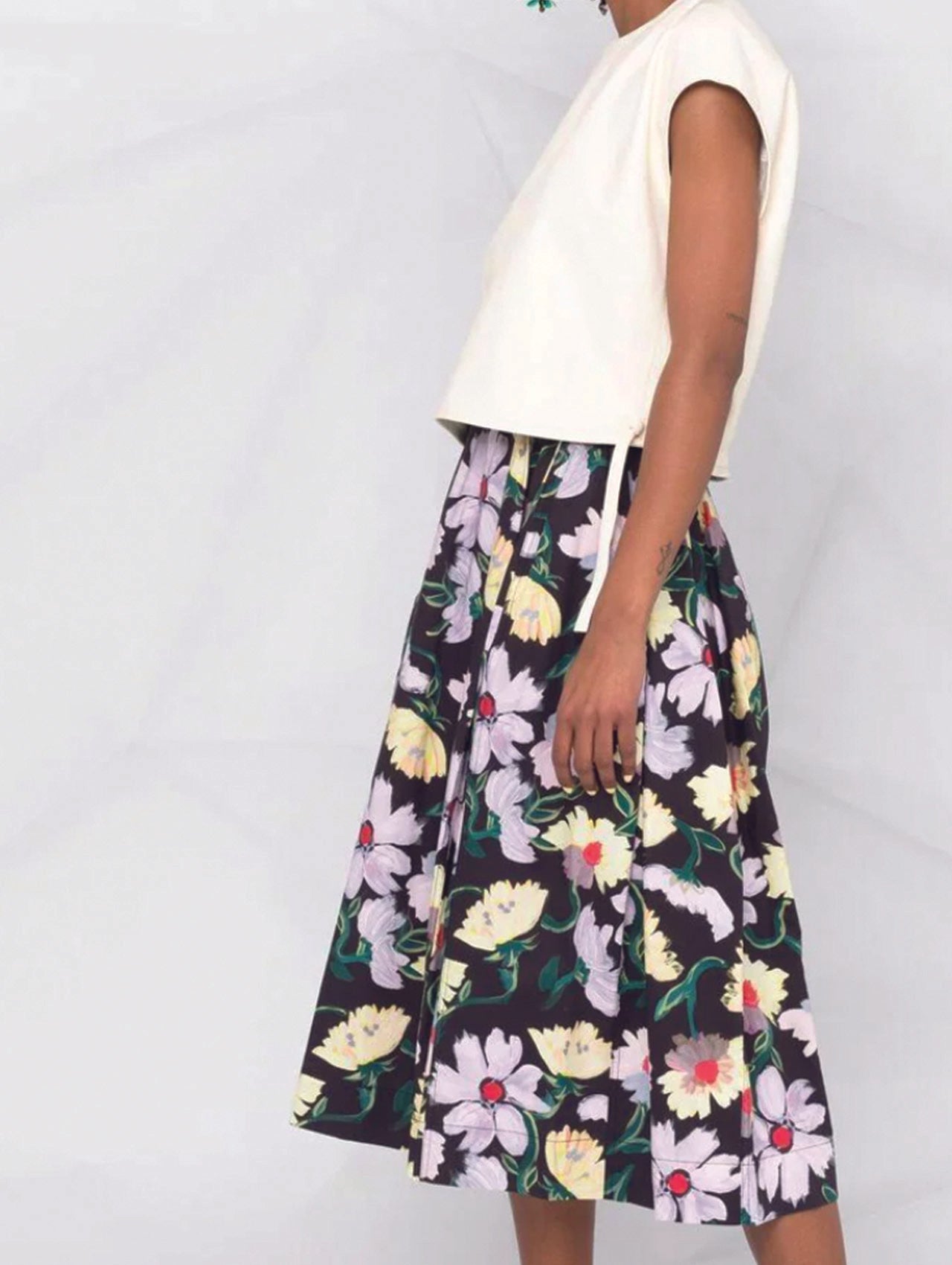 Marni Black & Lilac Floral Print Midi Skirt