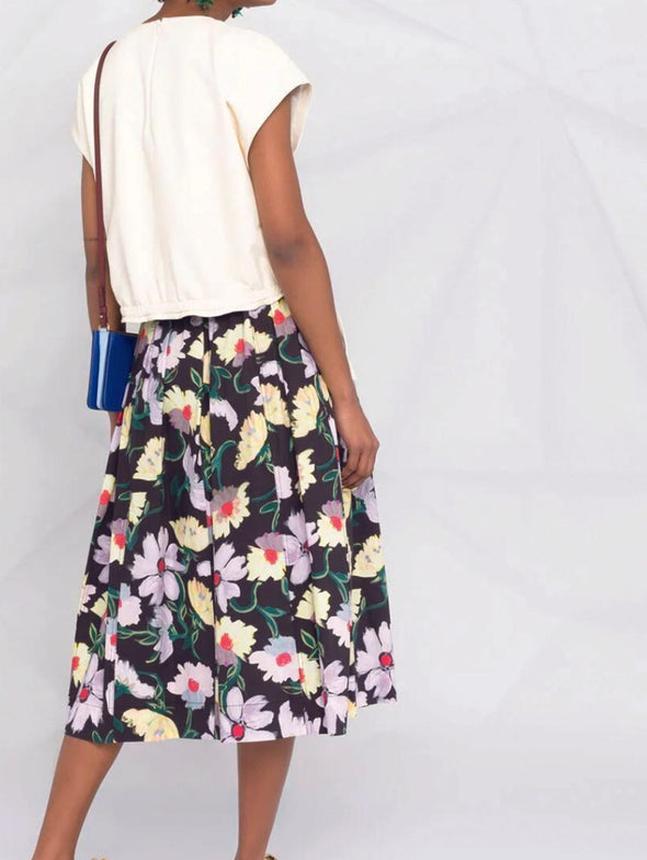 Marni Black & Lilac Floral Print Midi Skirt