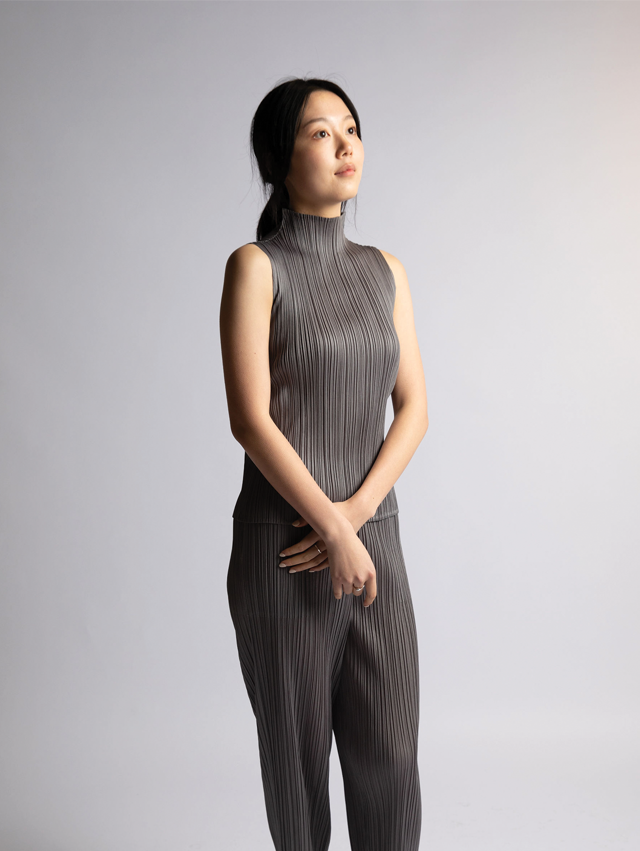 Pleats Please Issey Miyake Grey Basics High Collar Sleeveless Top